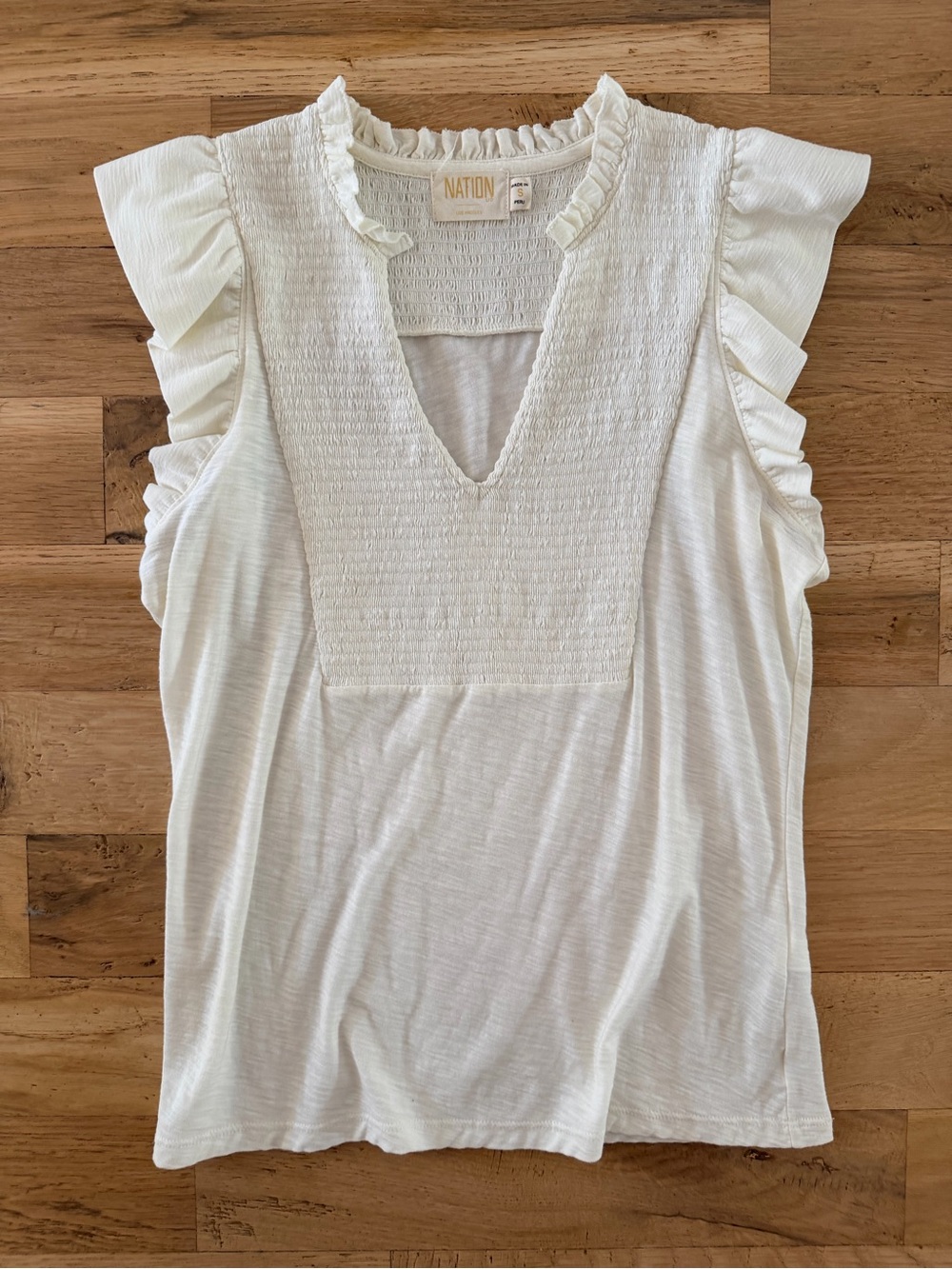 Nation LTD White Smocked V-Neck Ruffle Sleeve Tank